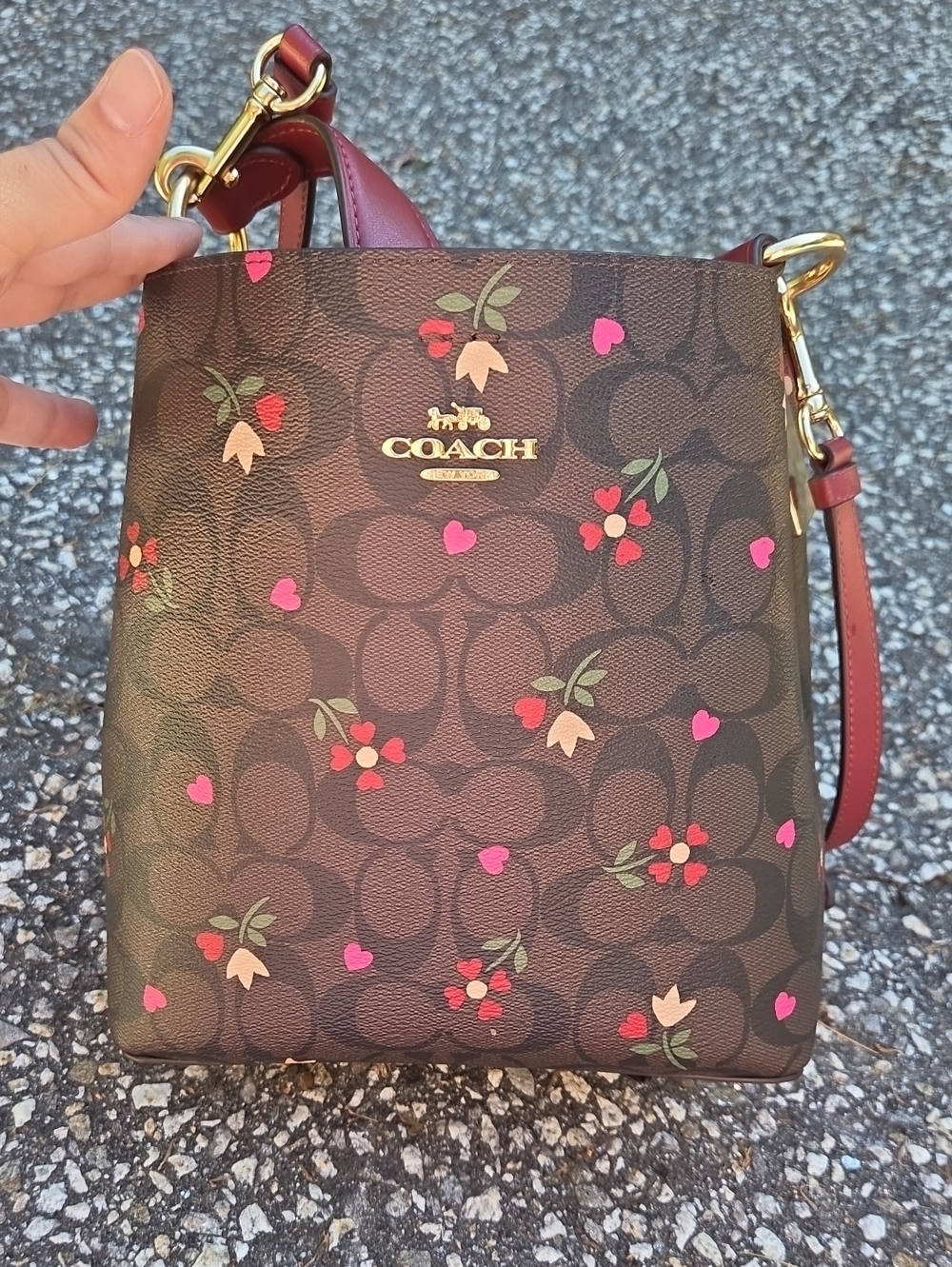 Coach Brown Signature Crossbody with Pink & Red Floral Accents
